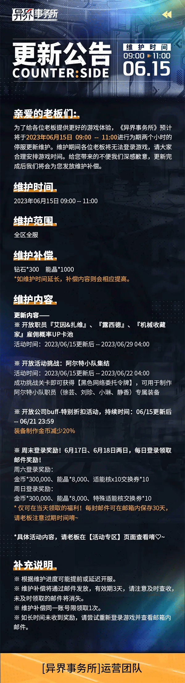 异界事务所6月15日更新维护公告2023